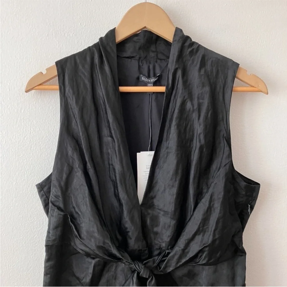 NWT Eileen Fisher Black Steel Satin V-Neck Sleeveless Front Tie Dress Size 6 - Picture 4 of 8